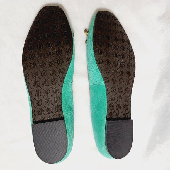 Lilly Pulitzer, Jewel Green Suede Flat Shoes, Size 7M, Gold Trim, Bow, Squared - Picture 7 of 16